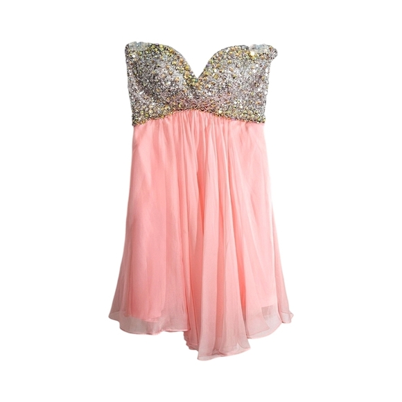 La Femme Dresses & Skirts - La Femme Glittery Beaded Pink Chiffon Mini Dress